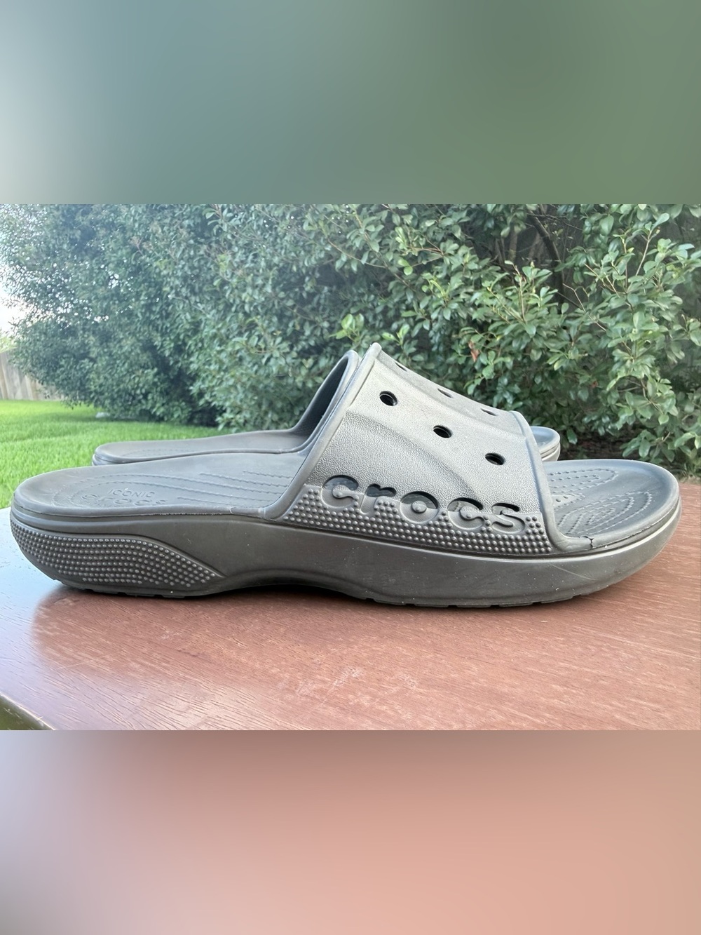 CROCS Black Slide Sandals with Jibbitz Logo size 13 men’s - Picture 6 of 8